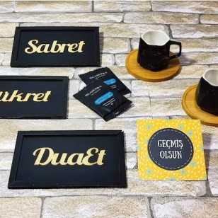 Manevi Geçmiş Olsun Hediye Kutusu, Sabret, Şükret, Dua Et Tabloları ve Kahve Takımı